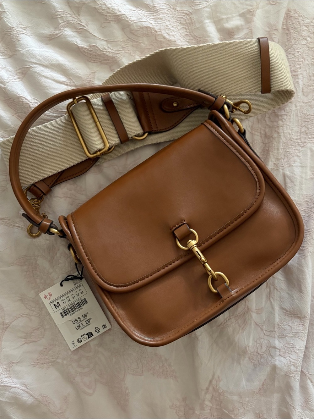 Zara Brown Leather Shoulder Bag with Cream Canvas Strap and Gold Hardware